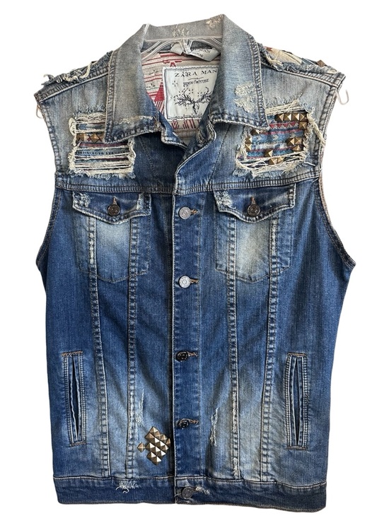Zara Other - Zara Men’s Denim Couture Jean Vest Distressed & Embellished Medium